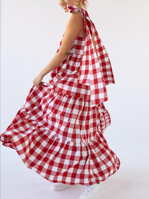 A-Line Loose Plaid Split-Joint Tied Square-Neck Maxi Dresses