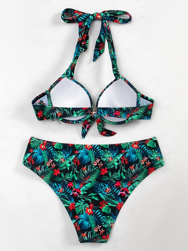 Halterneck Floral Bustier Knotted Bikini Swimwear