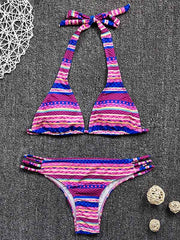 Hawaii Style Halterneck Deep V-Neck Split Bikini Swimsuit