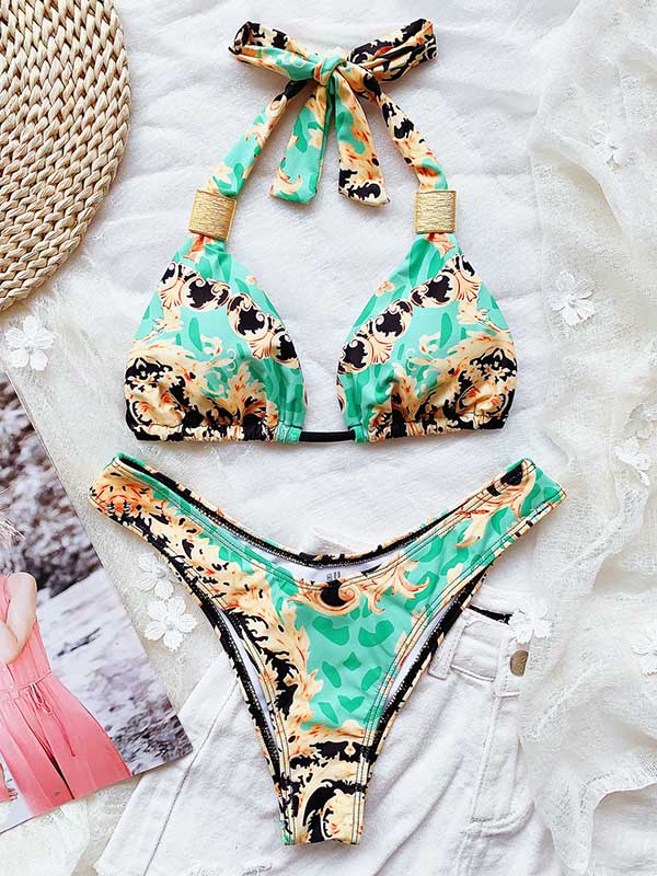 Ethnic Printed Knotted  Triangles Split Bikini Swimsuit