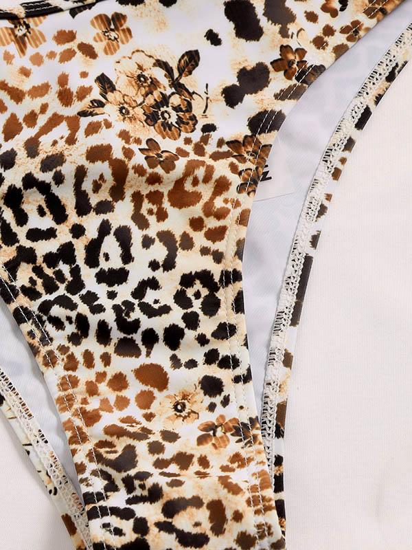 Leopard Print Color-Block Halterneck Split Bikini Swimsuit