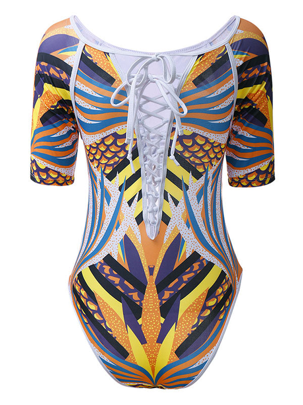 African Totem Print Split-Joint Hollow One-Piece Swimwear