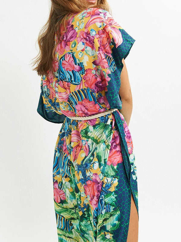 Floral-Print Belted Knotted Tunicshang Cover-Ups Tops