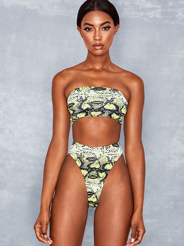 Snake-Print Backless Split Bikini Swimsuit