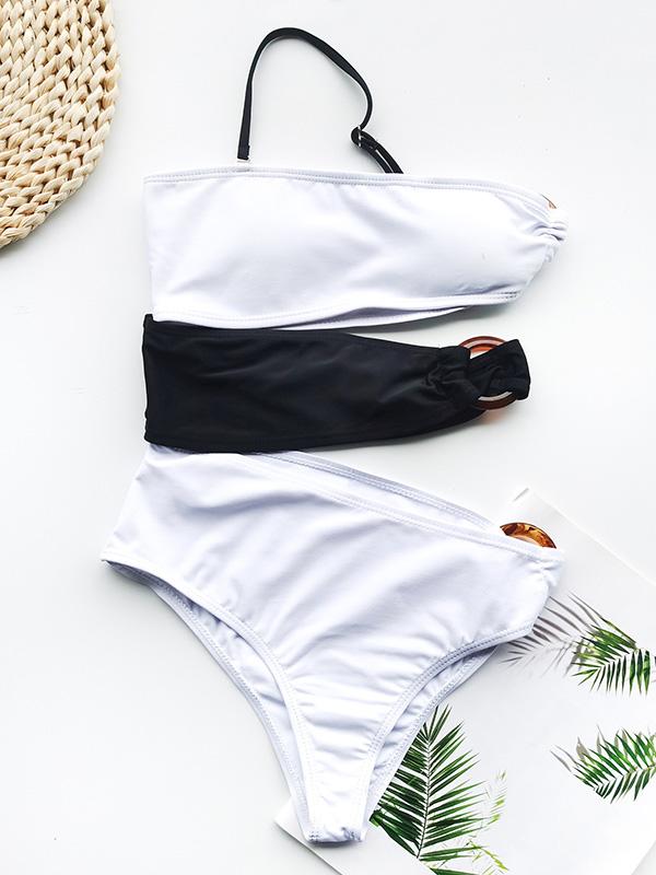 Contrast Color Split-Joint Asymmetric Hollow One-Piece Swimwear