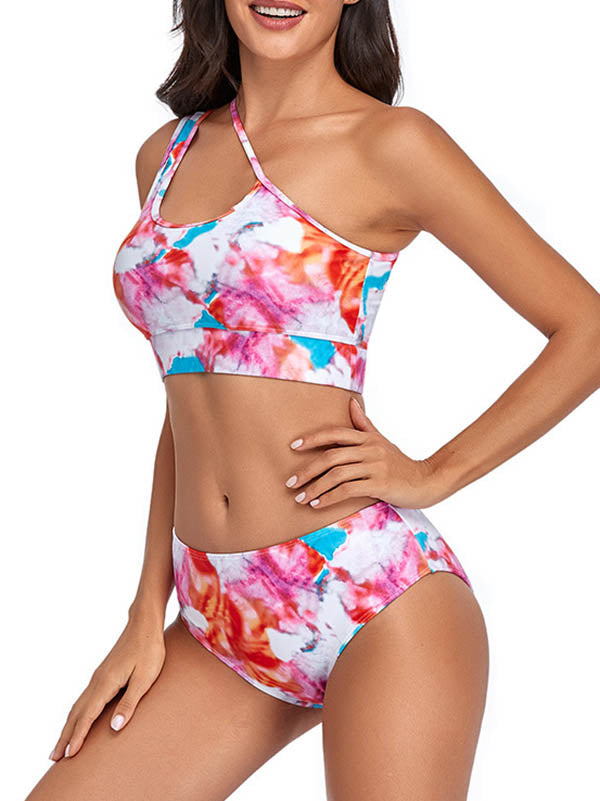 Einschultriger Bikini mit hoher Taille und Batikmuster 