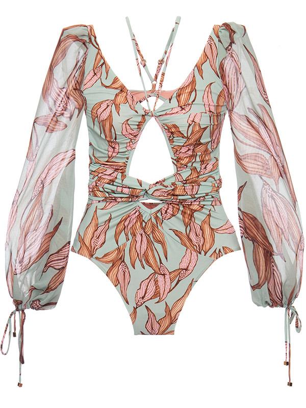 Sexy V-Neck Bandage Printing Long Sleeves One-Piece Swimwear