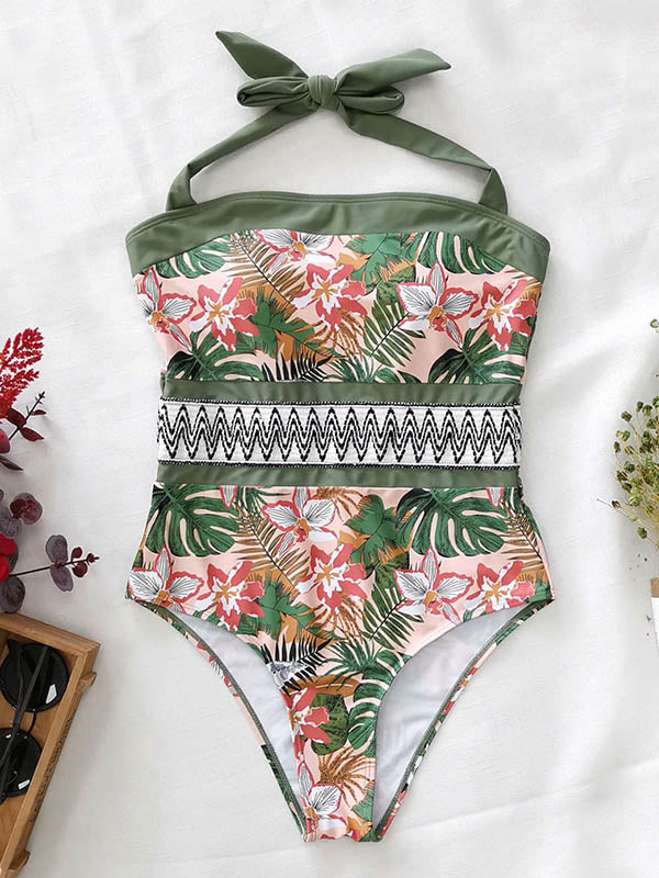 Floral Printed Backless Bandage One-Piece Swimsuit