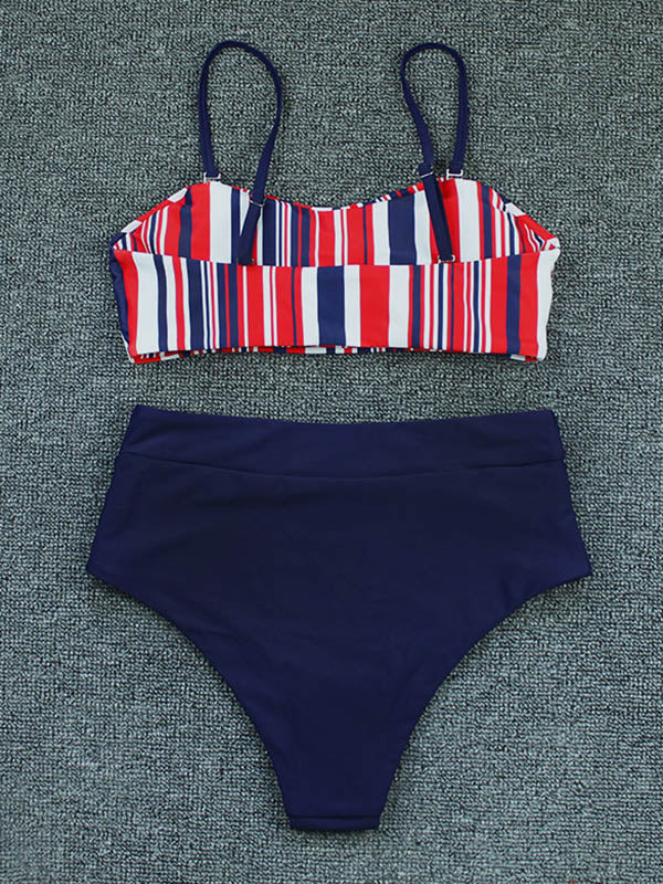 Striped Floral-Print Color-Block Split Bikini Swimsuit