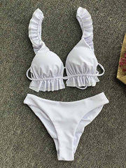 Solid Color Ruffled Triangles Split Bikini Swimsuit