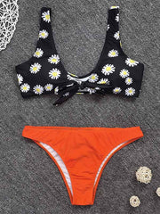 Floral-Print Color-Block Knotted Split Bikini Swimsuit