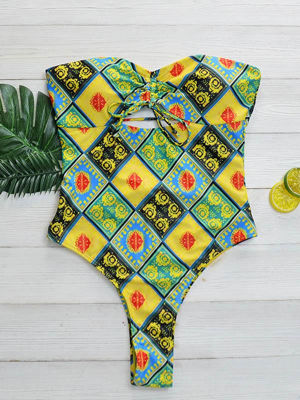 Vintage Print Hollow Bandage Bandeau One-Piece Swimwear