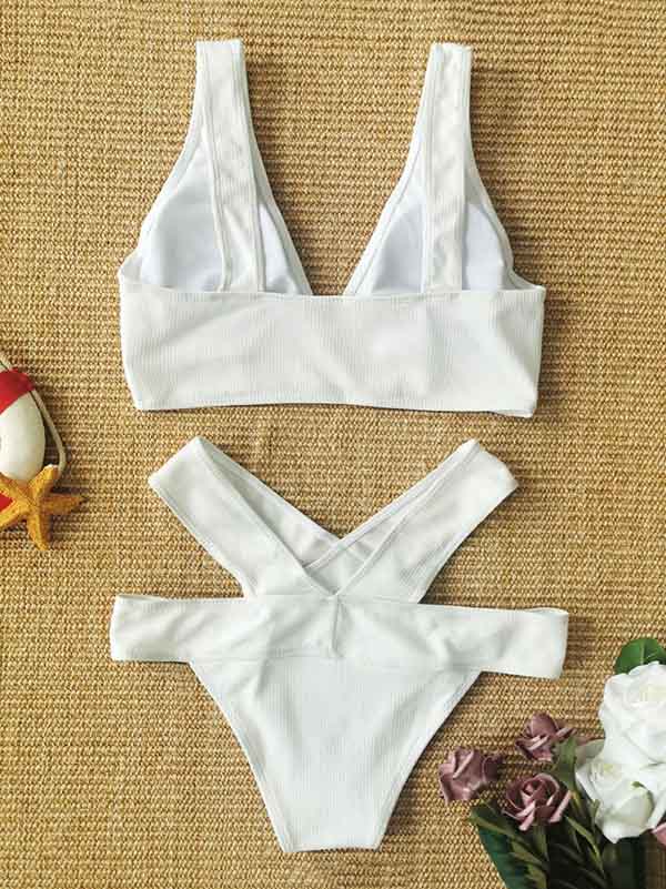 Solid Color V-Neck Crossed Bikini Swimsuit