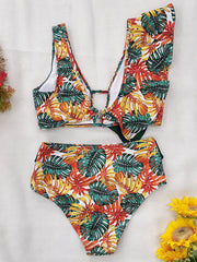 Floral Falbala Asymmetric Bikini Swimsuit