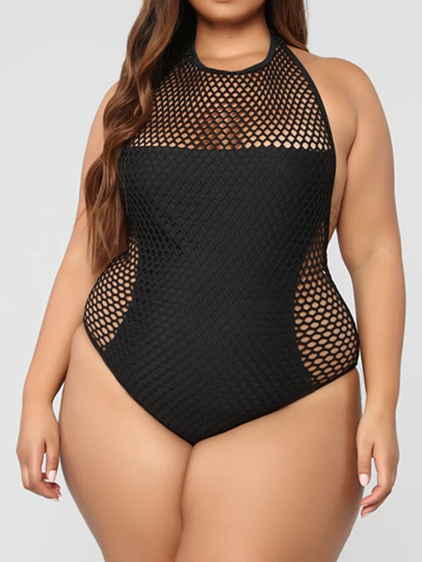 Gauze Hollow Split-Joint Halterneck One-Piece Swimwear