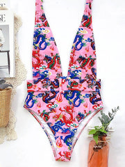 Ethnic Printed Deep V-Neck Halterneck Belted One-Piece Swimwear