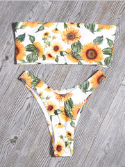 Floral-Print Bandeau Split Bikini Swimsuit