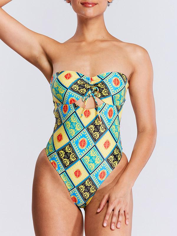 Vintage Print Hollow Bandage Bandeau One-Piece Swimwear