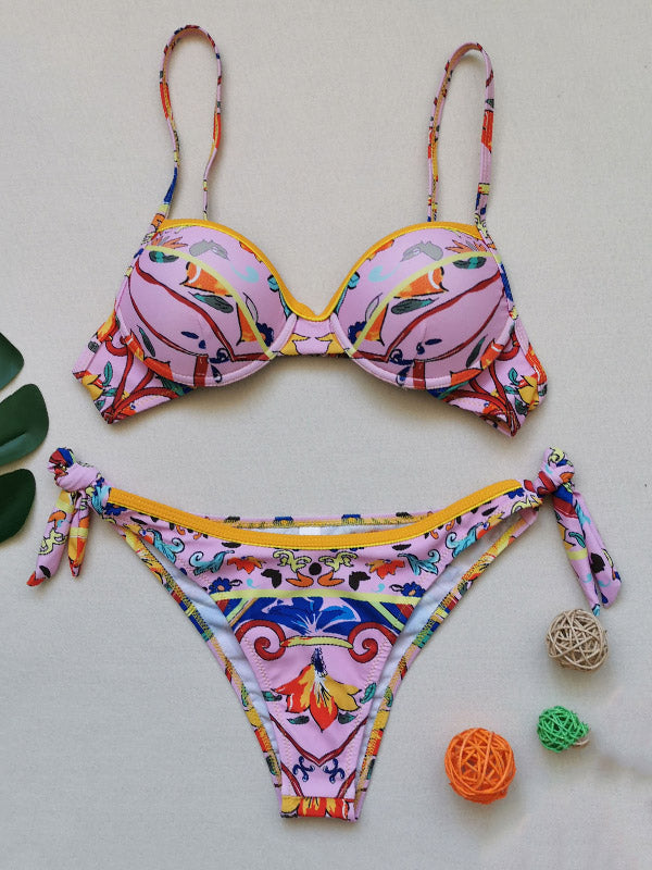 Bikini-Bademode mit Bügel und Blumenmuster, seitlich gebunden 