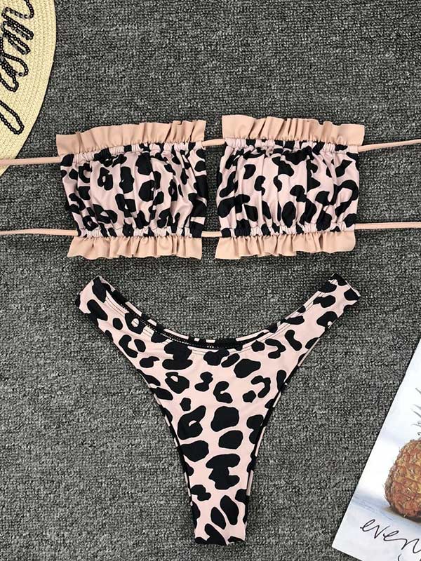 Leopard Smocked Lace-Up Bikini Swimsuit