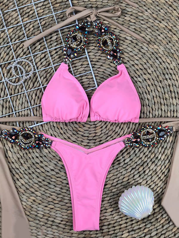 Embellished Gorgeous Bandage Triangles Split Bikini Swimsuit