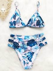 Floral-Print Hollow Triangles Split Bikini Swimsuit