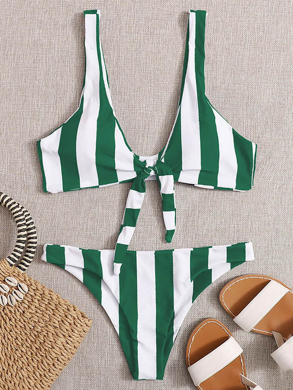 Striped Printed Knotted V-Neck Split Bikini Swimsuit