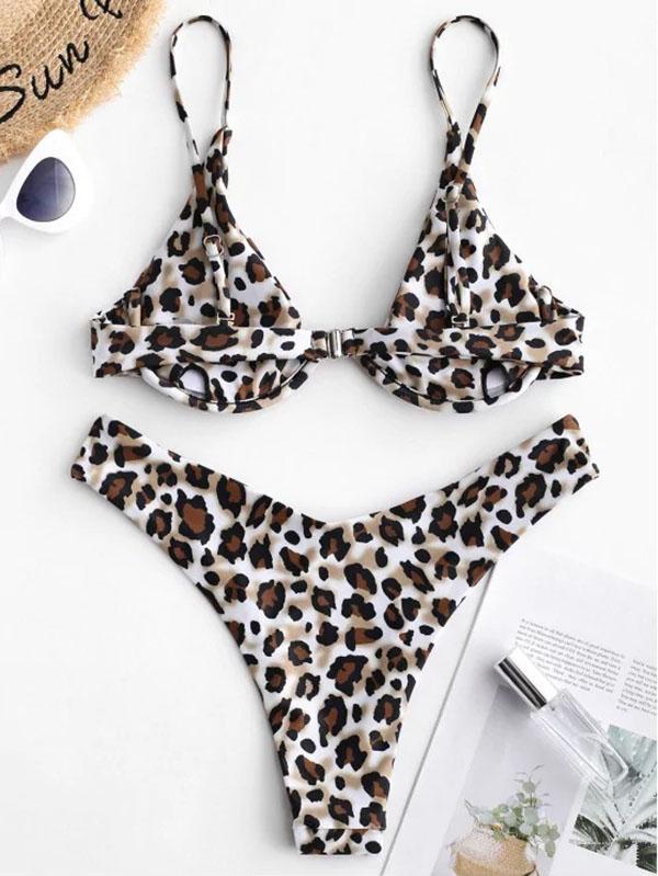 Leopard Print Underwired Triangles Split Bikini Swimsuit