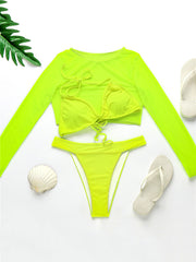 Solid Color See-Through Long Sleeve+Triangles Split Bikini Swimsuit+Three-Piece Set