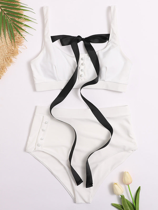 Solid Color Bowknot Lace-Up Bikini Swimsuit