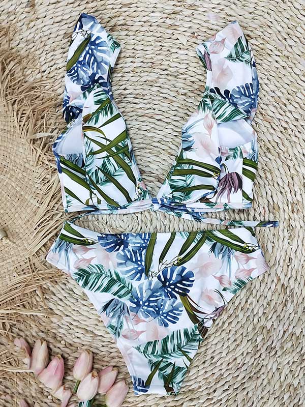 Bikini-Badeanzug mit Falbala-Blatt-Print 