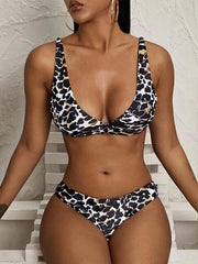 Leopard Print V-Neck Triangles Split Bikini Swimsuit