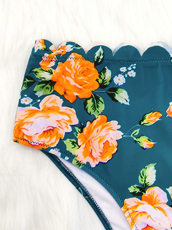 Neckholder-Bikini-Badeanzug mit Blumenmuster im Falbala-Stil 