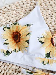 Rückenfreier Bikini-Badeanzug mit Sonnenblumen-Bandage und Schlitz 