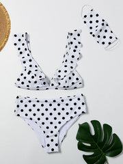 Polka-Dot Falbala V-Neck Split Bikini Swimsuit+Mask