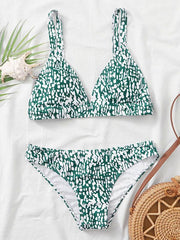 Floral-Print Triangles Backless Split Bikini Swimsuit