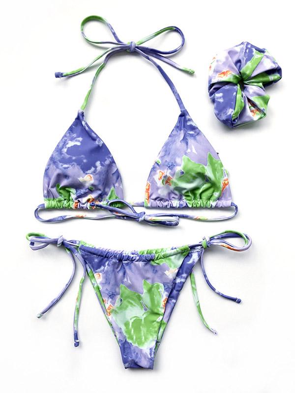 Tie-Dyed Printed Halterneck Split Bikini Swimsuit +Hair Ring