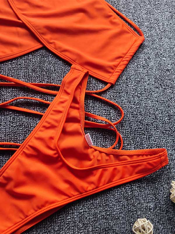 Sexy Crossed Bandage Backless Split Bikini Swimsuit