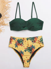 Floral-Print Color-Block Bandeau Split Bikini Swimsuit