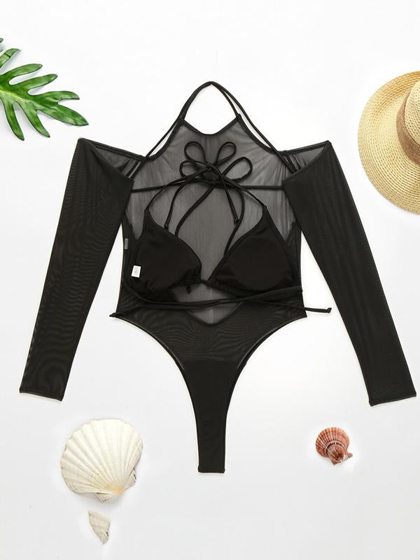 Solid Color See-Through Gauze Wetsuits+Triangles Swim Top