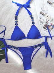 Gorgeous Embellished High-Neck Triangles Tie Side Bikini Swimwear