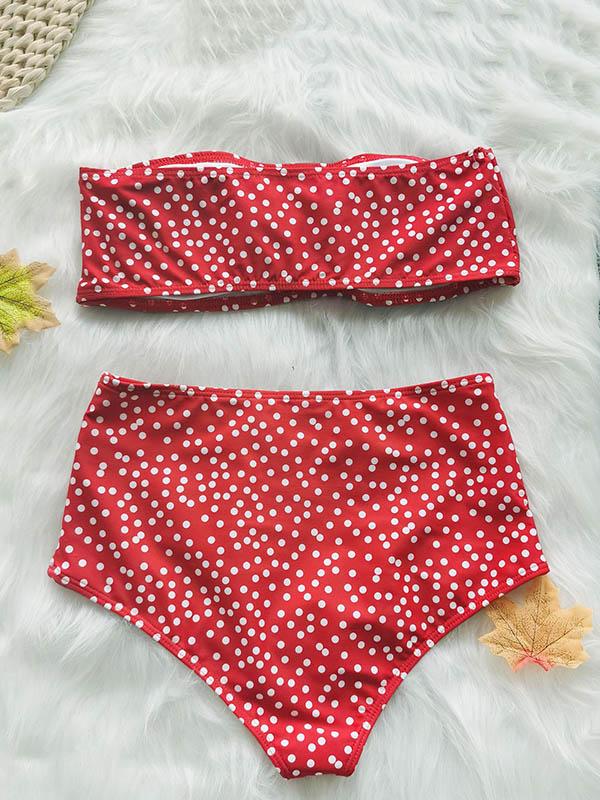 Polka-Dot Embellished Hollow Bandeau Split Bikini Swimsuit