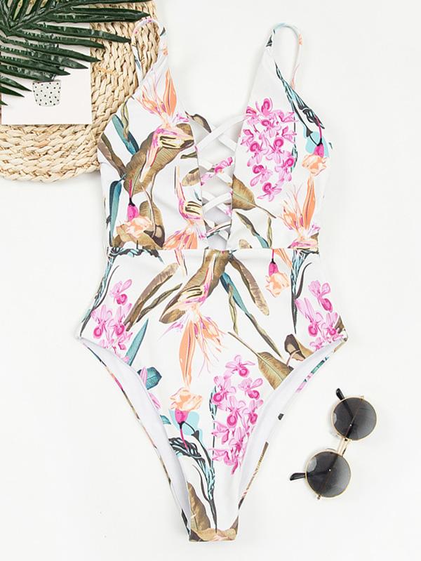 Bandage-Bikini-Badeanzug mit Blumenmuster und Hohlschlitz 