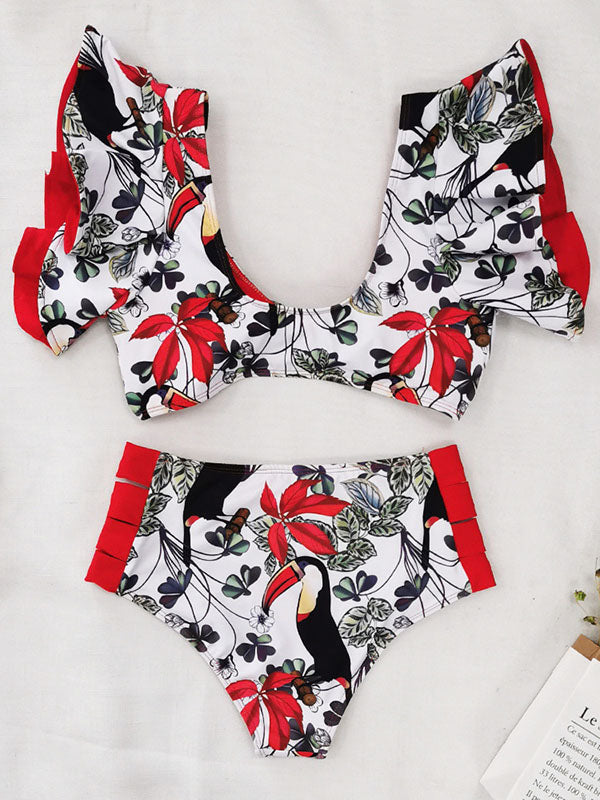 Ruffled Bowknot Floral High-Waist Bikini Swimwear