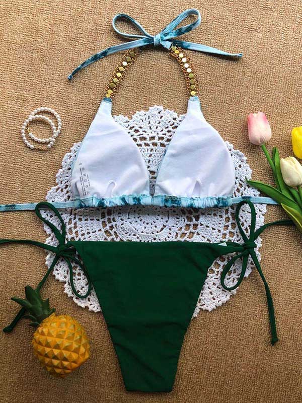 Gorgeous Embellished Tie-Dyed Lace-Up Bikini Swimsuit