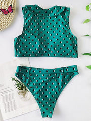 Polka-Dot Printed U-Neck Belted Split Bikini Swimsuit