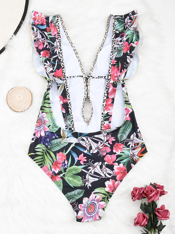 Floral Deep V-Neck Padded Falbala Backless One-Piece Swimwear