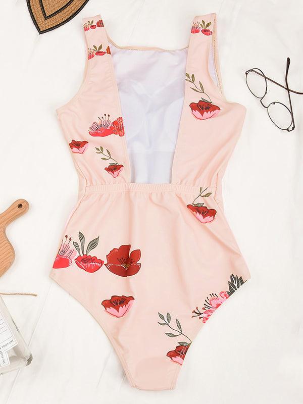 Fashion Sleeveless Floral Backless Padded One-Piece Swimwear