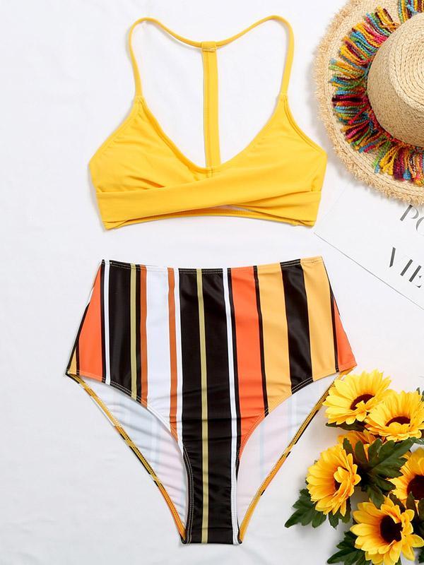 Striped Printed Color-Block Backless Split Bikini Swimsuit