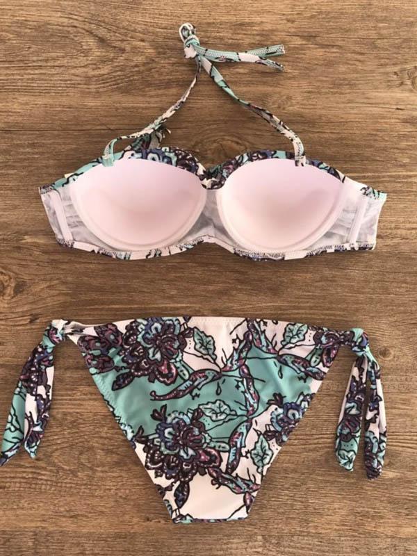 Floral-Print Bandeau Knotted Split Bikini Swimsuit